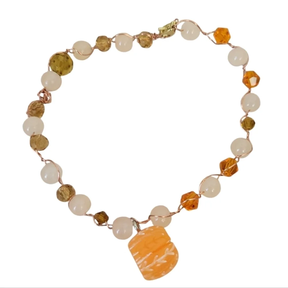 Orange Glass Bead Faceted Bicone Cube with Clear Bead & Copper Pumpkin Accent